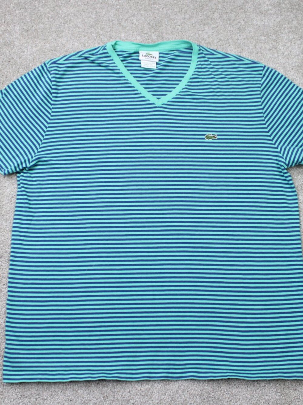 Lacoste Men's Short Sleeve V-Neck Striped Tee in Teal and Navy - Picture 2 of 10